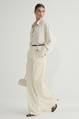 Ekru Pilili Wide Leg/Genis Paca Dokuma Pantolon TWOAW25PL00109 Palazzo