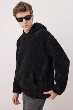 Siyah Un?sex Oversize/Genis Kesim Serpa Polar/Pelus Kapusonlu Sweatshirt TMNAW25SW00147
