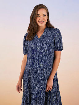 V Yaka Desenli K?sa Kollu Viskon Hamile Elbise