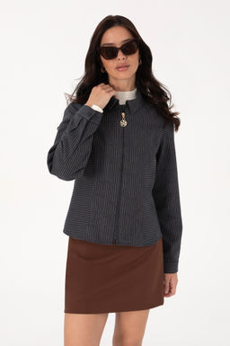 Kad_n Lacivert _izgili Fermuarl_ Dokuma G_mlek