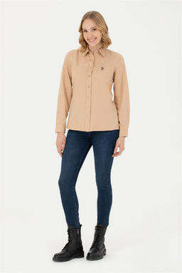 Женская базовая рубашка песочного цвета с длинным рукавом - U.s. polo assn фото 4