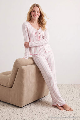 Beyaz-Pembe 3l_ %100 Pamuklu Fitilli/Pointel _i_ekli _rme Pijama Tak_m_ THMAW27PT00019