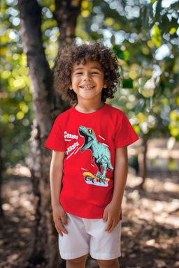 K?rm?z? Erkek Cocuk %100 Pamuk Dinozor Desenli Regular Kal?p K?sa Kol Orme T-Shirt TKDSS24TS00037