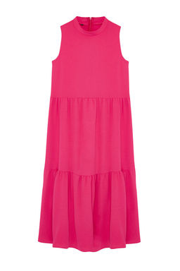 Fusya Bordo Duz Kesim Dik Yaka Midi Aerobin Dokuma Elbise TWOSS20EL1864