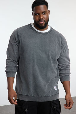 Haki %100 Pamuk Buyuk Beden Oversize/Genis Kesim Eskitme/Soluk Efektli Sweatshirt TMNAW24AO00031