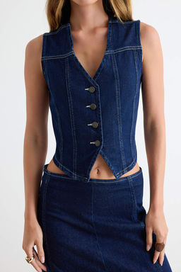 Koyu Mavi Az Esnek Fitted Denim Yelek TWOAW27YE00025