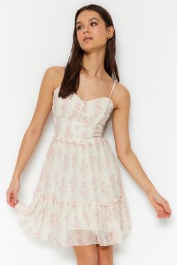 TRENDYOLMILLA Ekru Cicek Desenli Belden Ac?lan V Yaka Mini Astarl? Sifon Dokuma Elbise TWOSS23EL01782