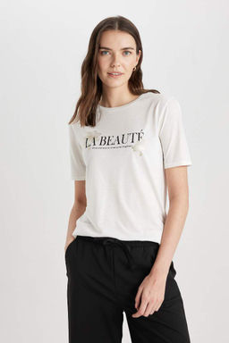 Футболка стандартного кроя с круглым вырезом и короткими рукавами с принтом - Defacto фото 3