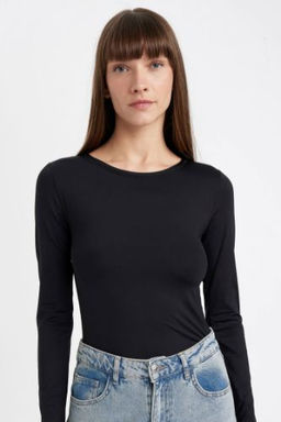 Siyah Slim Fit Dar Kesim Bisiklet Yaka Basic Duz Uzun Kollu Tisort