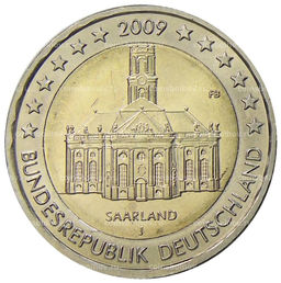 Монета 2 евро 2009 года J Германия Федеральные земли Германии  Церковь Людвига в Саарбрюккен, Саар