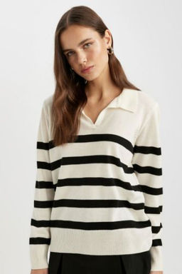 Regular Fit Polo Yaka Cizgili Basic Duz Triko Kazak