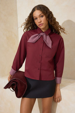 Bordo Ekoseli Fular Detayl? Gabardin Gomlek TWOSS26GO00014 - Trendyolmilla фото 5