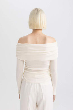 Облегающая повседневная футболка с открытыми плечами в рубчик с длинными рукавами - Defacto фото 5