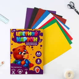 Картон цветной Медвежонок, формат А4, 8 листов, 8 цветов, немелованный односторонний, в папке, плотность 180 г/м. - Artfox study фото 3