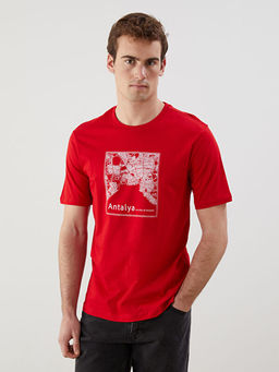 Bisiklet Yaka Antalya Bask?l? Penye Erkek Ti??rt
