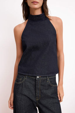 Koyu Mavi Halter Yaka Denim Bluz TWOSS26BZ00513