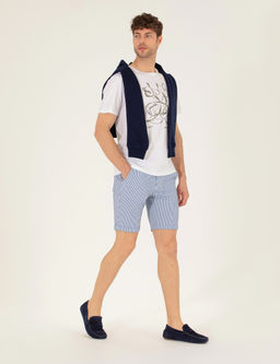 Koyu Mavi Slim Fit Beli Lastikli _izgili Ba_c_kl_ Bermuda _ort
