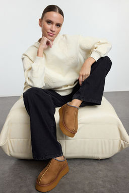 Taba Nak?s Detayl? Ici Kurklu Kal?n Taban Kad?n Bilekte Terlik Bot TAKAW26BO00003