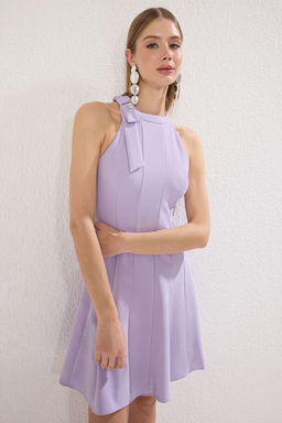 Lila Duz Etegi Belden Ac?lan Baglama Detayl? Mini Dokuma Elbise TWOSS25EL00245