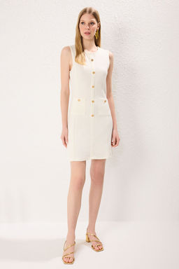 Ekru Duz Cep Detayl? Mini Tuvit Kumas Fitted/Vucuda Oturan Esnek Orme Elbise TWOSS25EL00542 - Trendyolmilla фото 2
