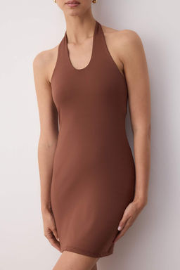 Kahverengi Boyundan Gecmeli Vucuda Oturan Esnek Mini Orme Elbise TWOSS25EL00899 - Trendyolmilla фото 3