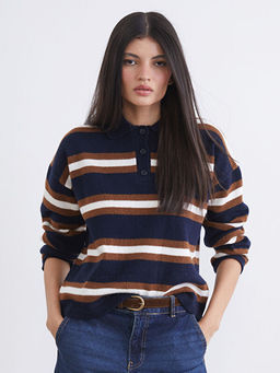 Polo Yaka ?izgili Kad?n Triko Kazak