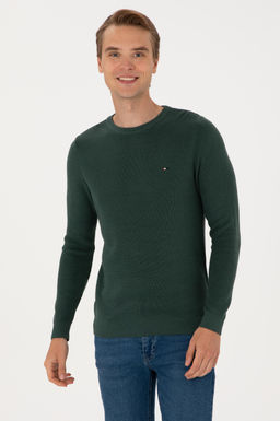Erkek Slim Fit Bisiklet Yaka Koyu Ye_il Basic Kazak