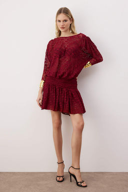 Bordo Boho Orme Dantel Mini Elbise TPRAW26EL00046