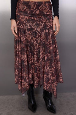 Bordo Boho Bask?l? Skater Asimetrik Etek Ucu Detayl? Esnek Orme Etek TWOAW26ET00037