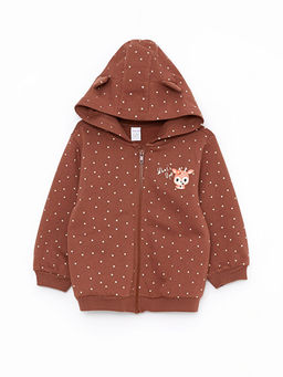 Kap??onlu Uzun Kollu Bask?l? K?z Bebek Fermuarl? Sweatshirt