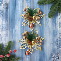 Ёлочные игрушки 2 шт. Зимнее волшебство. Праздничные цветы пластик, шарики, 12 см, золото