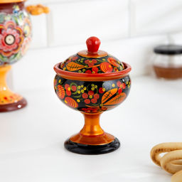 Конфетница с крышкой на ножке Секрет, дерево, хохлома