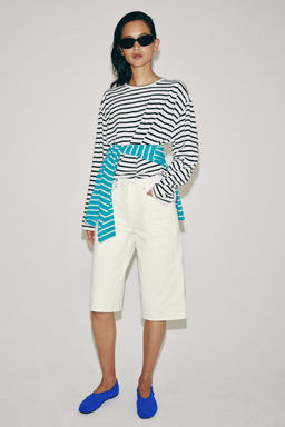 CAMISETA ALGOD?N Y LINO RAYAS / Negro / Blanco
