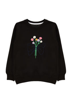 Siyah K?z Cocuk Mevsimlik-Ince Cicek Nak?sl? Orme Sweatshirt TKDAW25SW00008