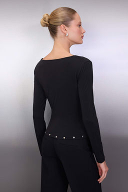 Siyah Fitted/Vucuda Oturan Trok Detayl? Uzun Kollu Esnek Orme Bluz TWOAW26BZ00267 - Trendyolmilla фото 4
