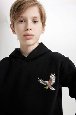 Черная толстая толстовка обычного кроя с капюшоном и принтом животных для мальчиков - Defacto фото 5