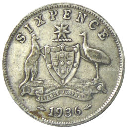 Монета 6 пенсов 1936 года Австралия