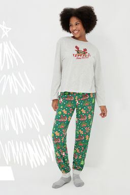 Gri Melanj %100 Pamuklu Y?lbas? Temal? Orme Pijama Tak?m? THMAW24PT00058