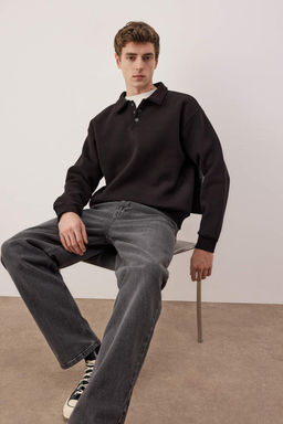 Siyah Yeni Oversize/Genis Kesim Soft Kalite Ici Polarl? Polo Yaka Sweatshirt TMNAW26SW00004