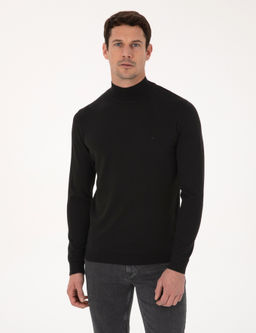 Siyah Slim Fit Pamuk Kar___ml_ Yar_m Bal_k__ Yaka Basic Triko Kazak