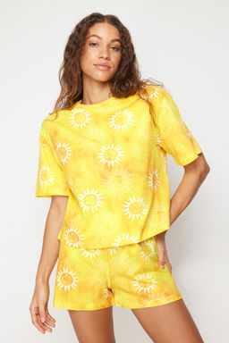 Sar? %100 Pamuklu Gunes Desenli Sortlu Orme Pijama Tak?m? THMSS24PT00108