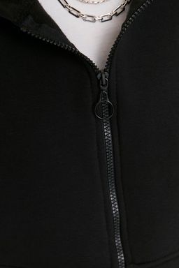 Siyah Basic Fermuarl? Kapusonlu Crop Kal?n Ici Polarl? Orme Sweatshirt TWOAW20SW0660