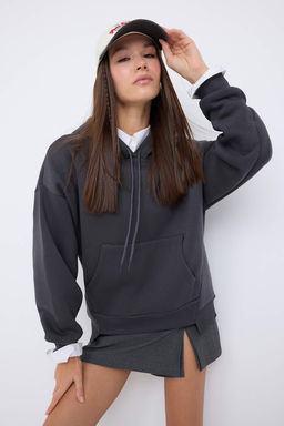 Teen Antrasit Kal?n Ici Polarl? Kapusonlu Cepli Asimetrik Orme Sweatshirt TWOAW26SW00113