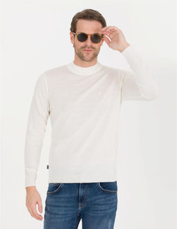 Ekru Slim Fit Bato Yaka Y_n Kar___ml_ Basic Triko Kazak