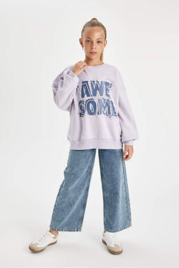 Сиреневый свитшот оверсайз с широким кроем и круглым вырезом с принтом для девочек - Defacto фото 2