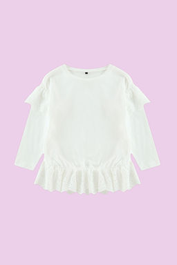 Ekru K?z Cocuk %100 Pamuk Brode F?rf?r Detayl? Uzun Kol Orme T-Shirt/Bluz TKDAW25TS00014