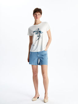 Bisiklet Yaka ?i?ekli Kad?n Ti??rt