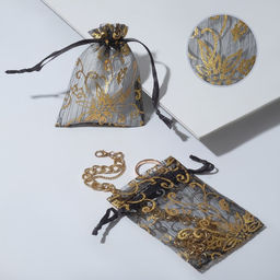 Цена за 100 шт. Мешочек подарочный «Цветочный орнамент», 7×9, чёрный с золотом