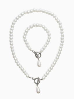Набор 2 пред-та: бусы.браслет "Жемчуг", капелька, цвет белый в серебре L=18/42см №8