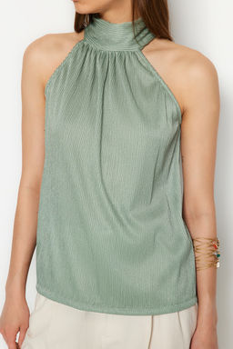 Mint Regular/Normal Kal?p Dik Yaka Fit Pilise Esnek Orme Bluz TWOSS23BZ00952